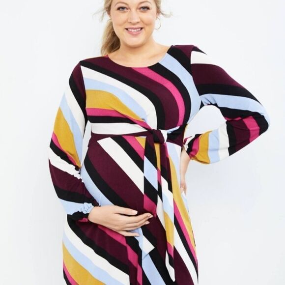 NWT Motherhood Maternity Asymmetric Stripe Stretch Knit Faux Wrap Dress - Picture 2 of 6